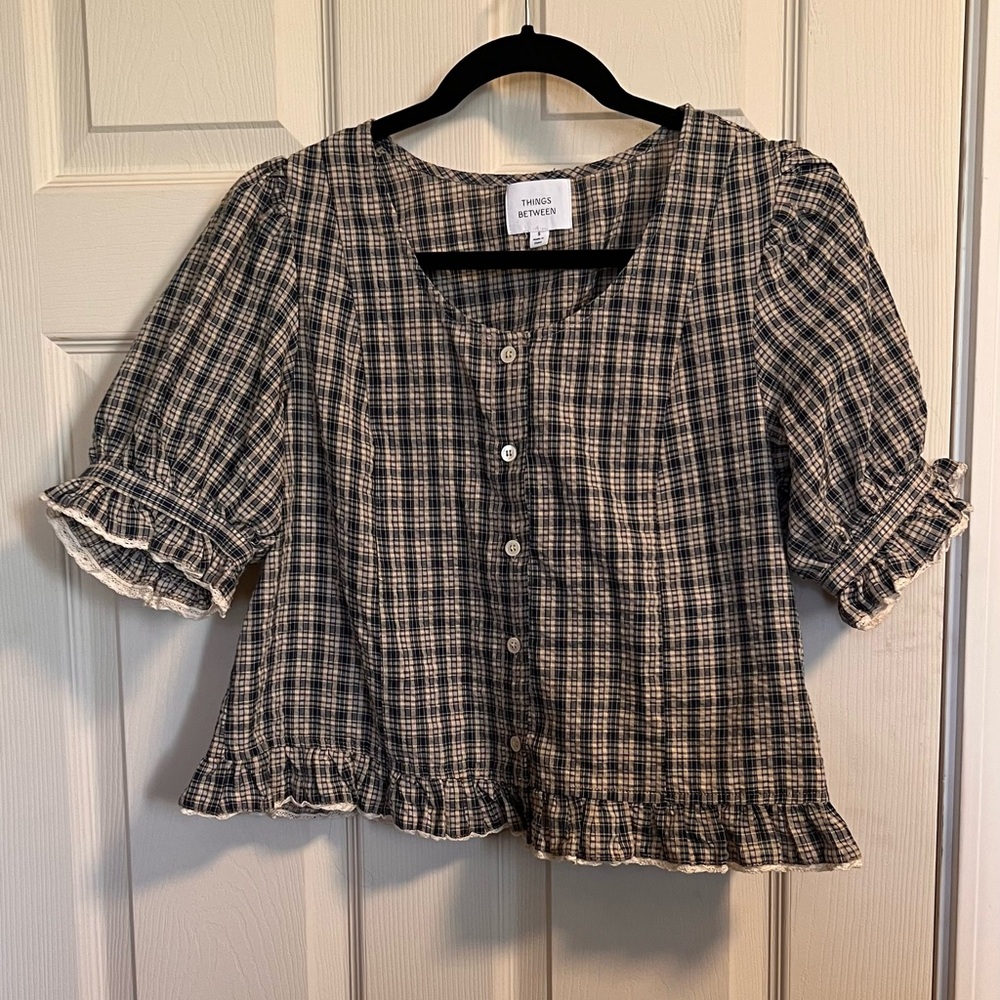 Things Between Plaid Cotton Button up Blouse with Ruffles